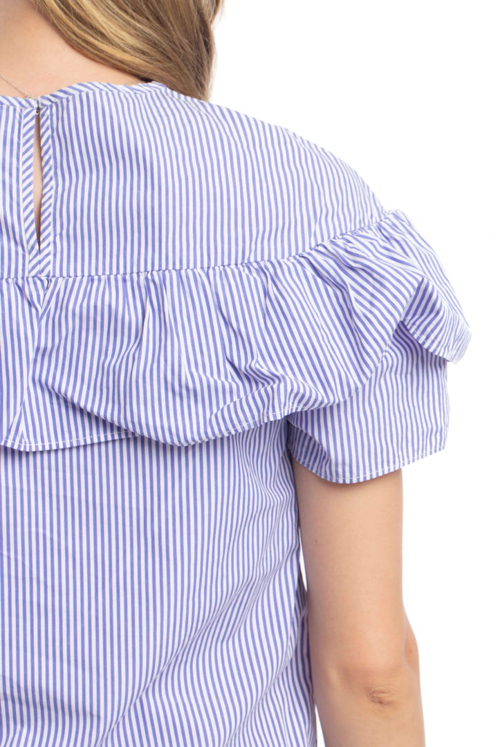 Blusa J.Crew a rayas azul y blanco con olán, detalle de la espalda