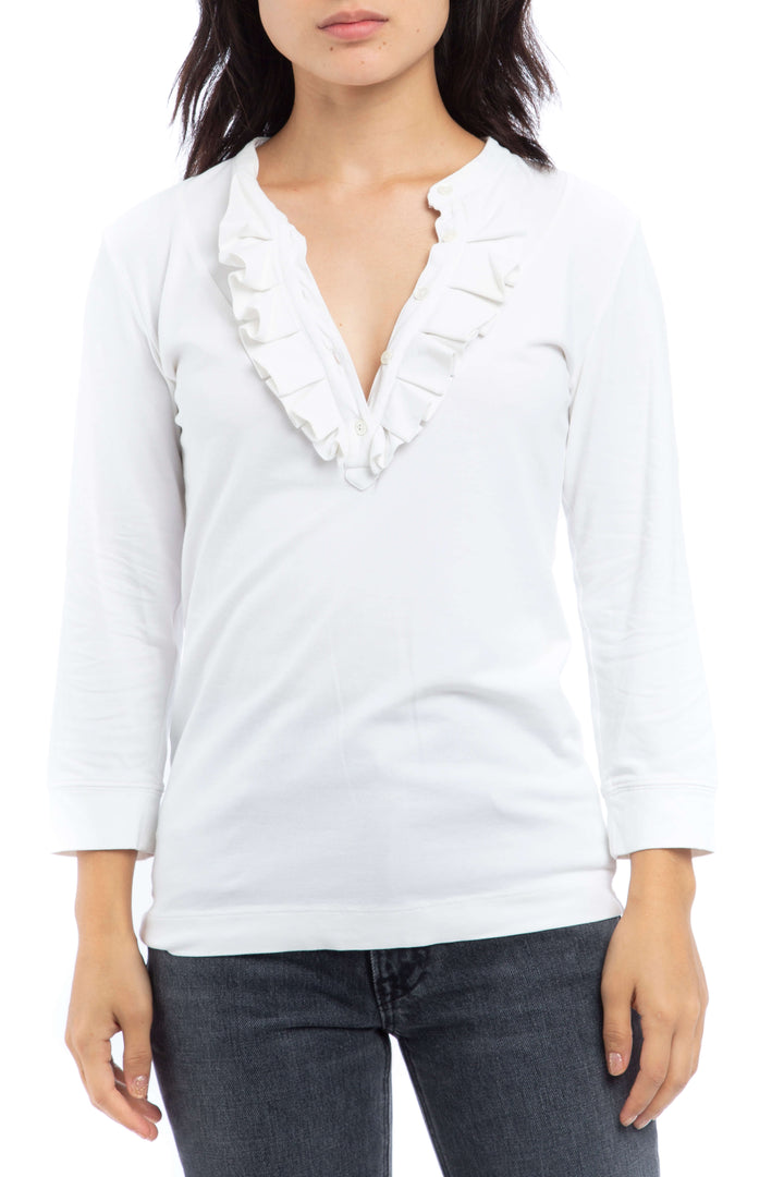 Blusa Theory blanca de manga larga con olán en el escote, vista frontal