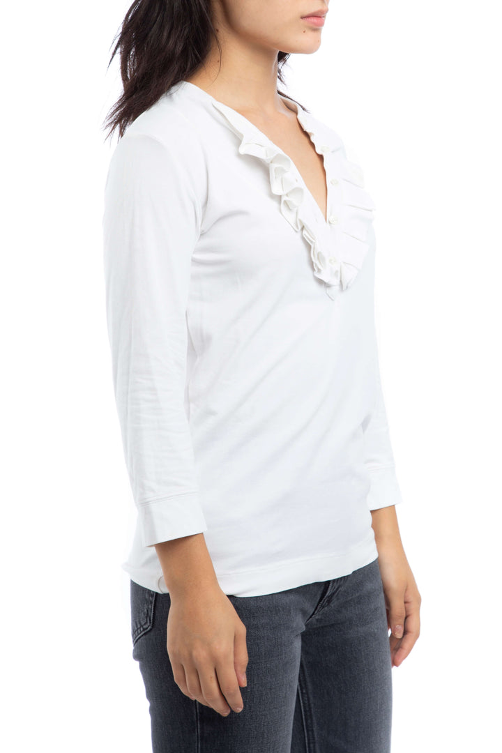 Blusa Theory blanca de manga larga con olán en el escote, vista lateral