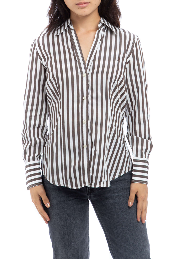 Camisa a rayas café y blanco Carolina Herrera de manga larga, vista frontal – ClosetRehab
