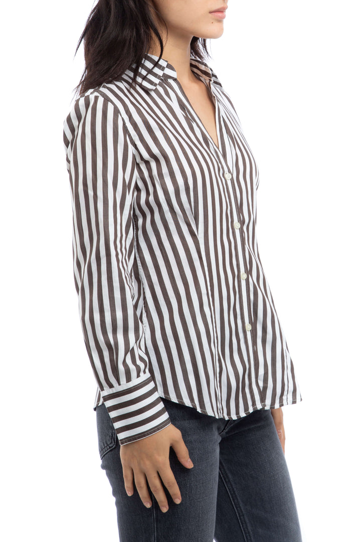 Camisa a rayas café y blanco Carolina Herrera de manga larga, vista posterior – ClosetRehab