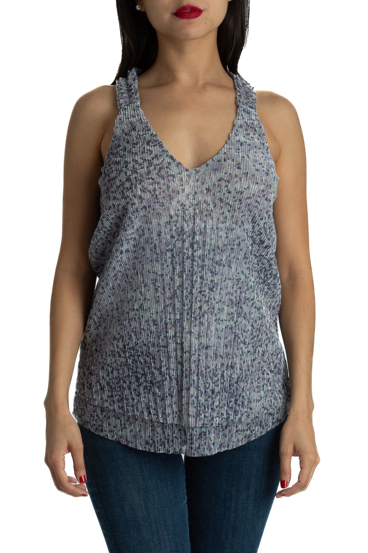 Blusa Anthropologie sin mangas estampado azul y gris, vista frontal