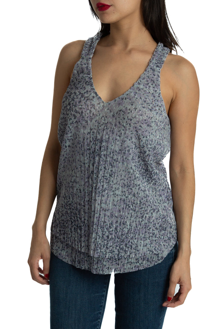 Blusa Anthropologie sin mangas estampado azul y gris, vista lateral