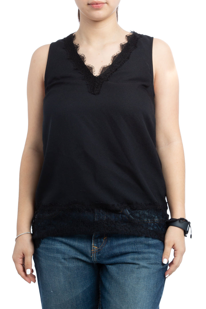 Blusa Michael Kors negra sin mangas con encaje, vista frontal