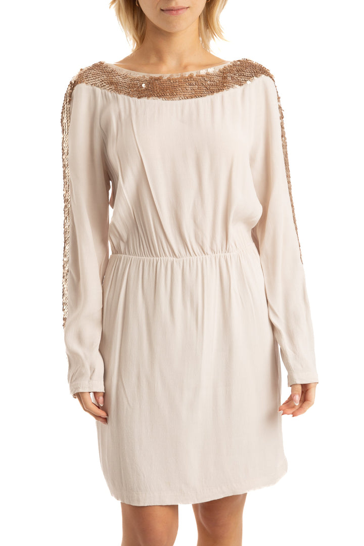 Vestido BCBG Maxazria dorado, vista frontal – ClosetRehab