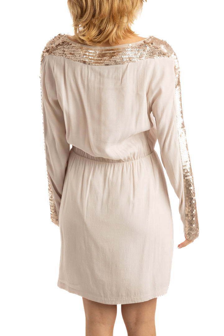 Vestido BCBG Maxazria dorado, vista lateral – ClosetRehab