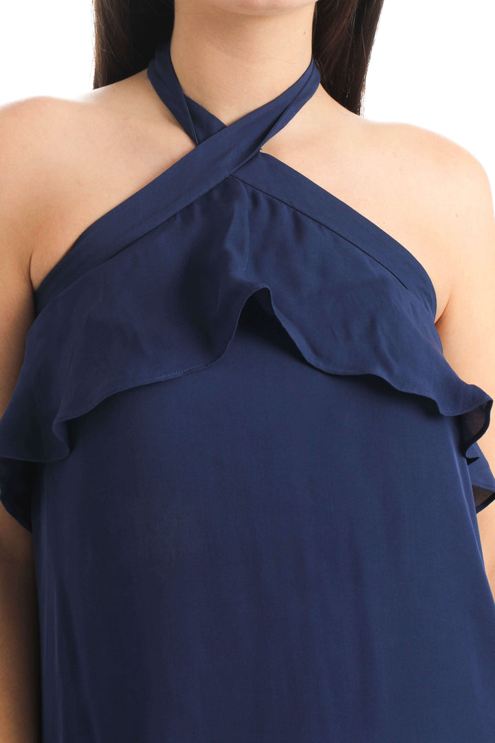 Blusa Parker halter azul marino con olán, detalle del frente