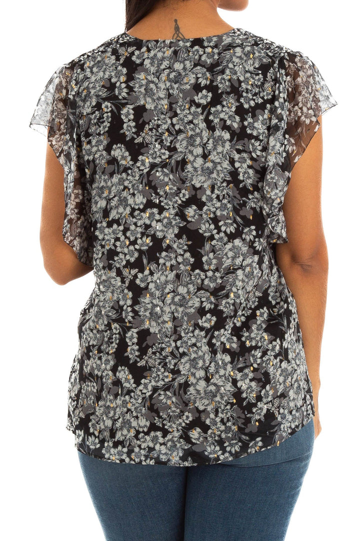 Blusa White House Black Market floral blanco y negro escote V, vista posterior