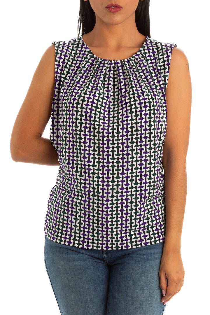 Blusa Calvin Klein sin mangas estampado geométrico morado y verde, vista frontal