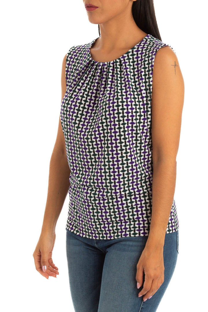 Blusa Calvin Klein sin mangas estampado geométrico morado y verde, vista lateral
