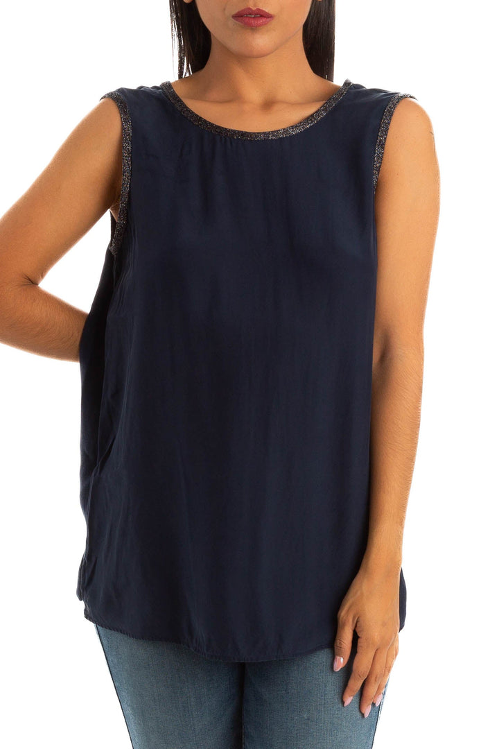 Blusa Massimo Dutti azul marino sin mangas con ribete brillante, vista frontal