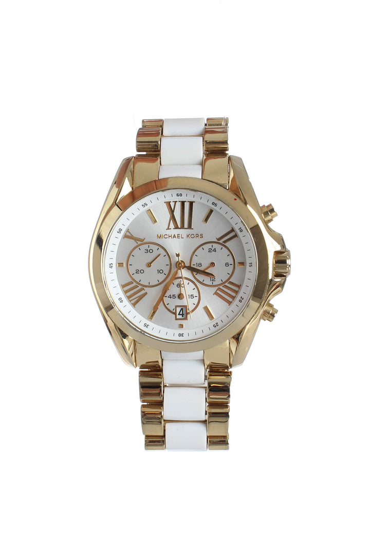 Reloj Michael Kors blanco y dorado, vista frontal – ClosetRehab