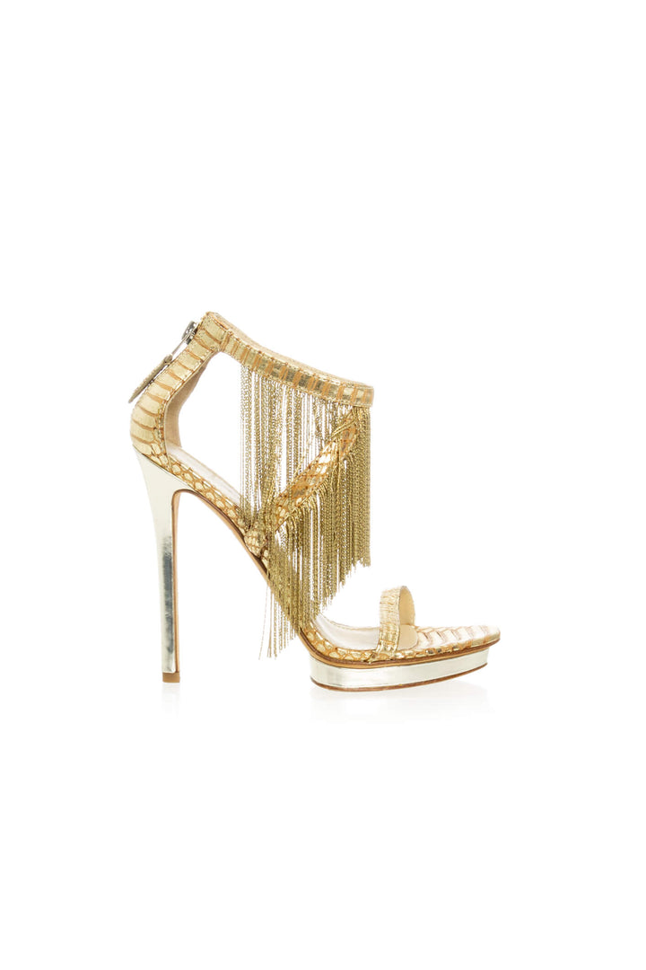 Sandalia de tacón con plataforma Brian Atwood dorado talla 6.5 USA de piel metalizada, vista frontal | ClosetRehab