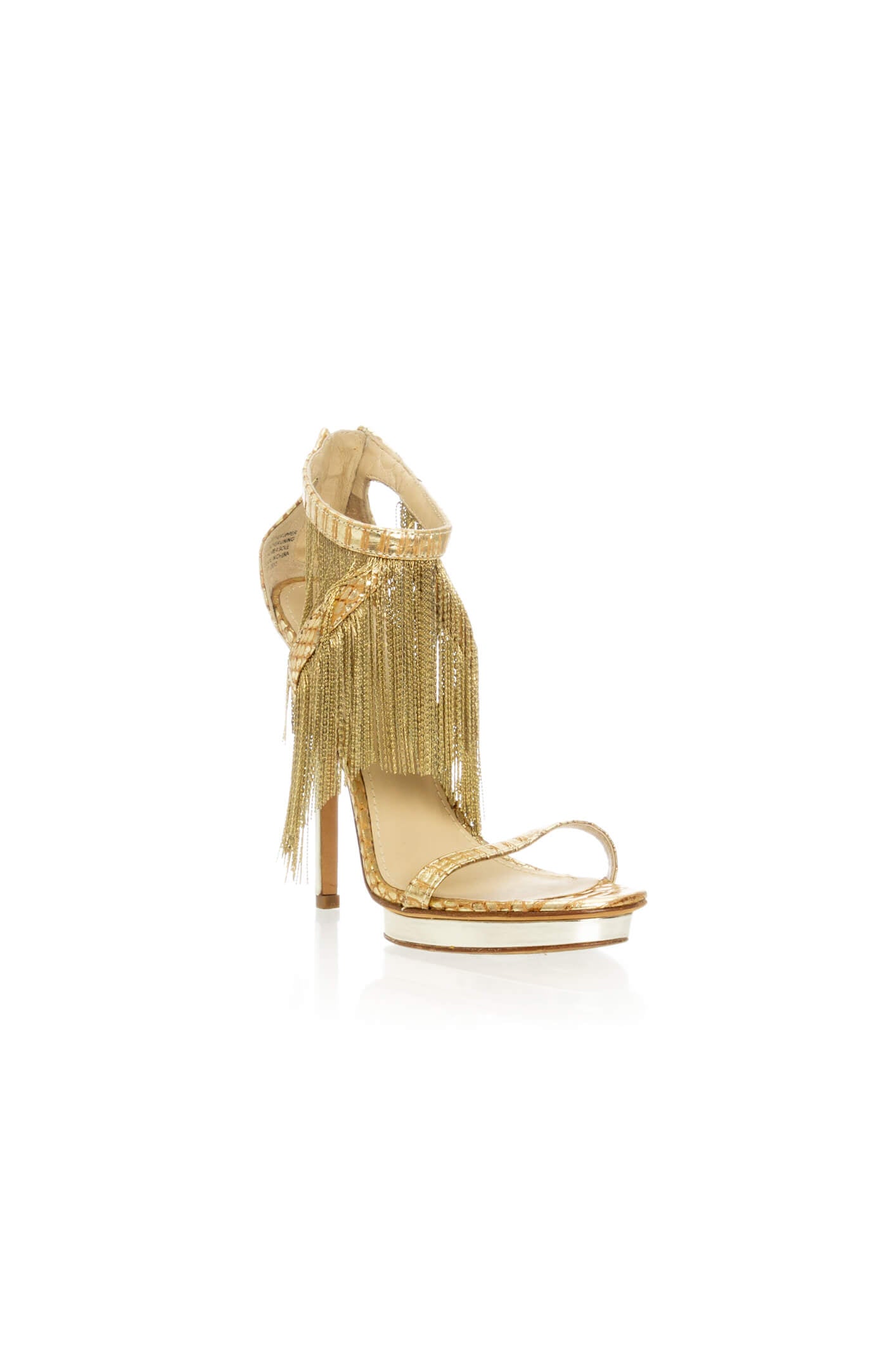 Sandalia de tacón con plataforma Brian Atwood dorado talla 6.5 USA, tres cuartos con flecos de cadena | ClosetRehab