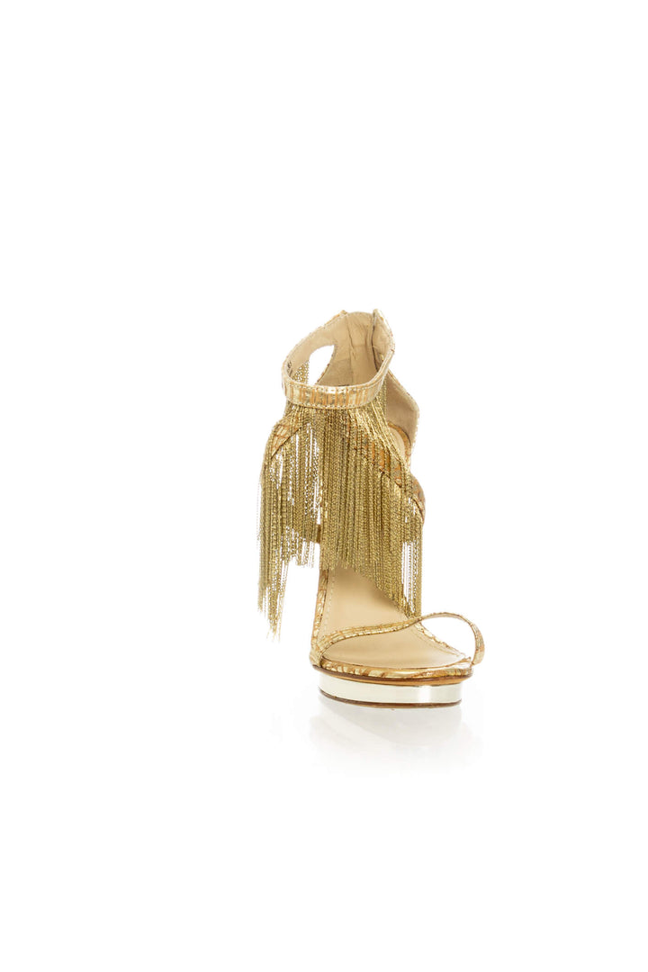 Sandalia de tacón con plataforma Brian Atwood dorado talla 6.5 USA, vista frontal | ClosetRehab