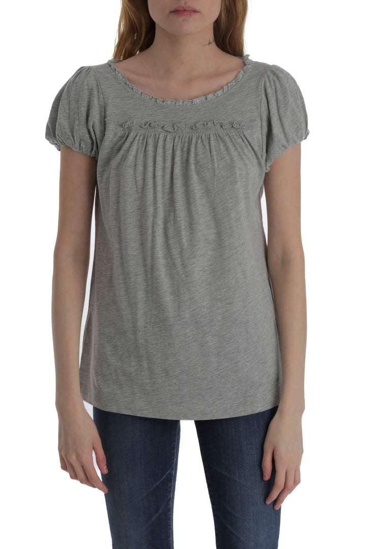 Blusa BCBGMAXAZRIA gris jaspeado de manga corta con escote fruncido, vista frontal