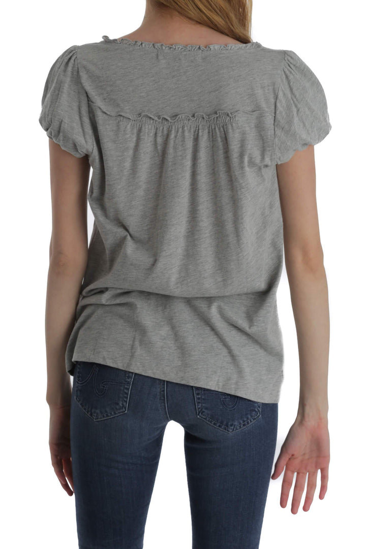 Blusa BCBGMAXAZRIA gris jaspeado de manga corta con escote fruncido, vista posterior