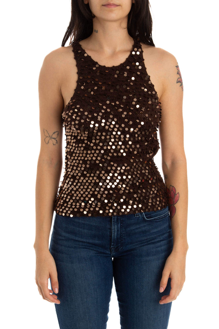 Blusa Vivienne Tam sin mangas con lentejuelas café, vista frontal