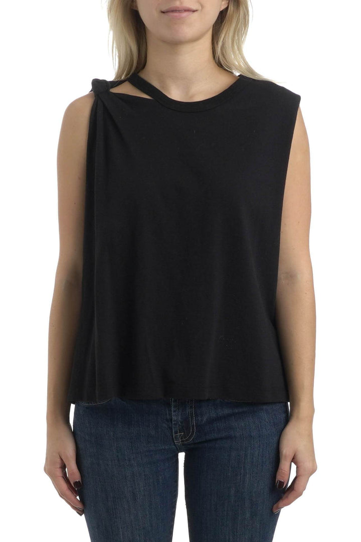 Blusa Current/Elliott negra sin mangas con nudo en el hombro, vista frontal