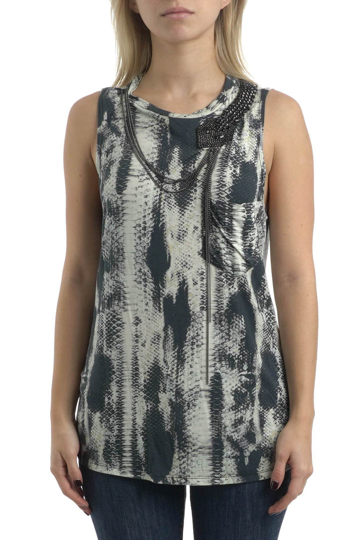 Blusa Haute Hippie sin mangas tie-dye gris y marfil con pedrería, vista frontal