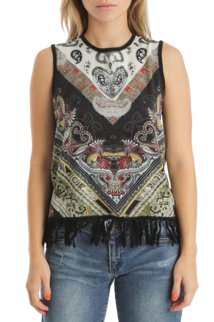 Blusa Alice + Olivia sin mangas estampado paisley con flecos, vista frontal