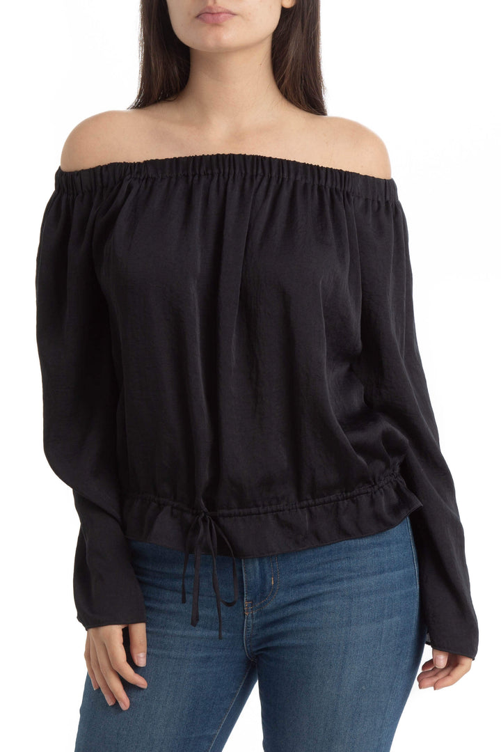Blusa Theory azul marino de manga larga con hombros descubiertos, vista frontal