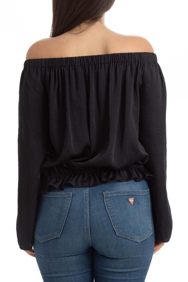Blusa Theory azul marino de manga larga con hombros descubiertos, vista posterior