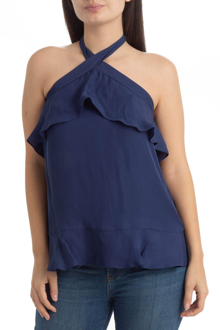 Blusa Parker halter azul marino con olán, vista frontal