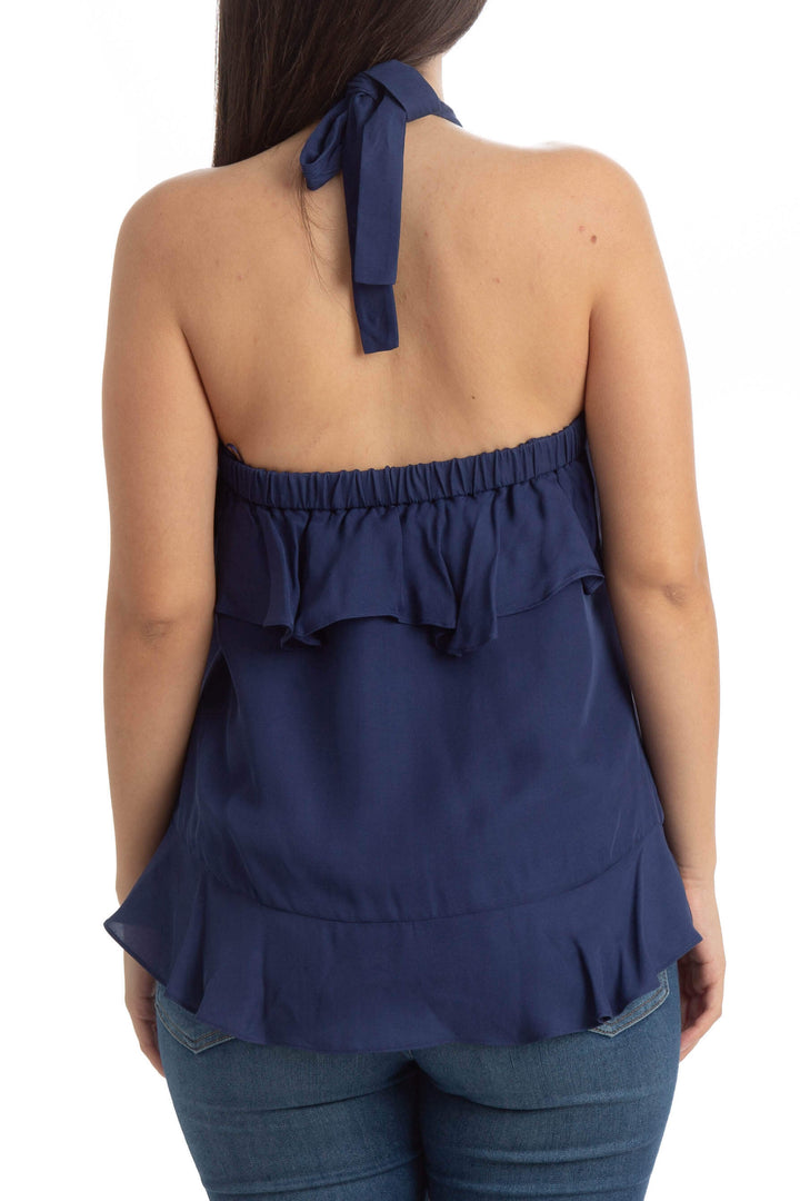 Blusa Parker halter azul marino con olán, vista posterior