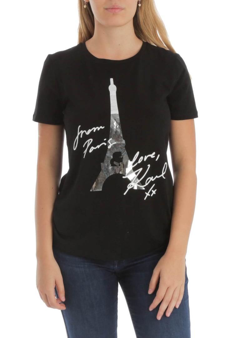 Blusa Karl Lagerfeld negra con estampado de la Torre Eiffel, vista frontal