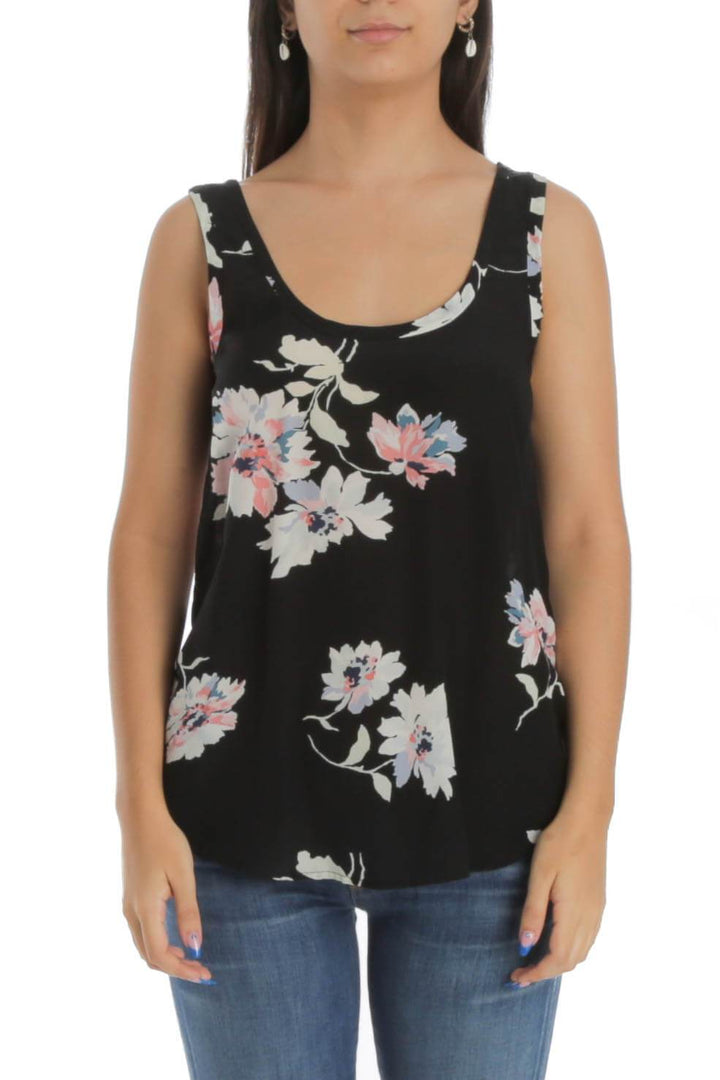 Blusa Joie de seda negra sin mangas con flores rosas, vista frontal