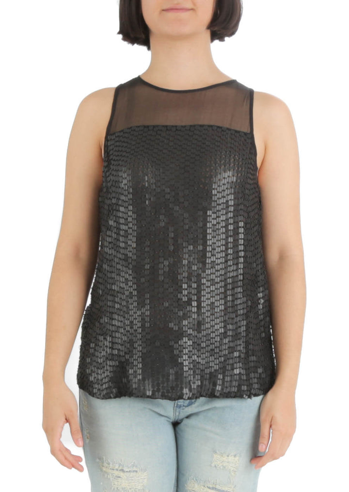 Blusa Parker sin mangas de lentejuelas negras con canesú transparente, vista frontal