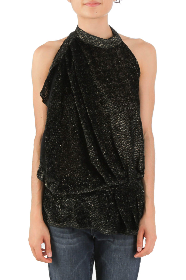 Blusa IRO halter de gamuza negra con destellos dorados, vista frontal