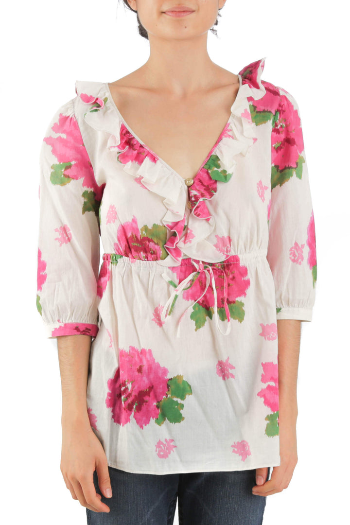 Blusa Juicy Couture beige y estampado, vista frontal – ClosetRehab