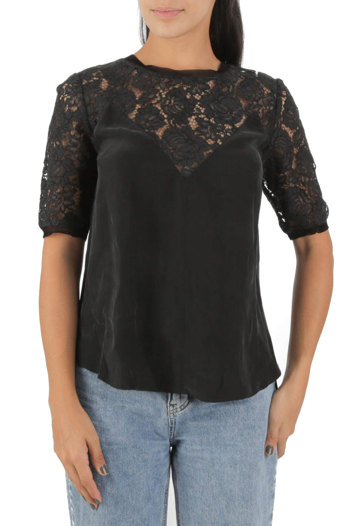 Blusa Rebecca Taylor negra con encaje en canesú y mangas, vista frontal