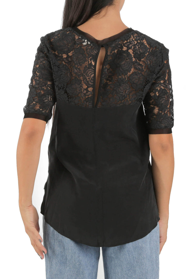Blusa Rebecca Taylor negra con encaje en canesú y mangas, vista posterior