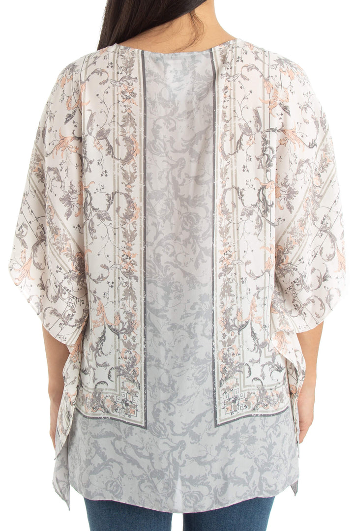 Blusa BCBGMAXAZRIA estampada gris y crema con manga mariposa, vista posterior