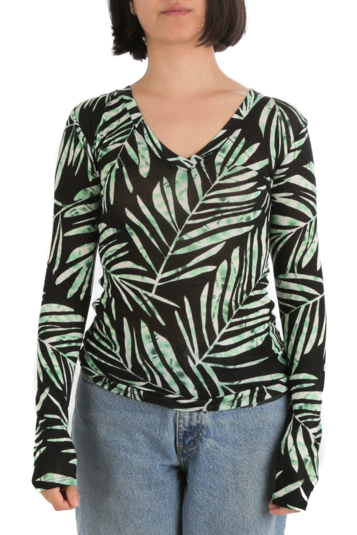 Blusa BCBG Maxazria estampado y verde, vista frontal – ClosetRehab
