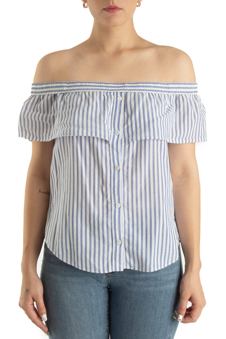 Blusa Veronica Beard a rayas azul y blanco con hombros descubiertos, vista frontal