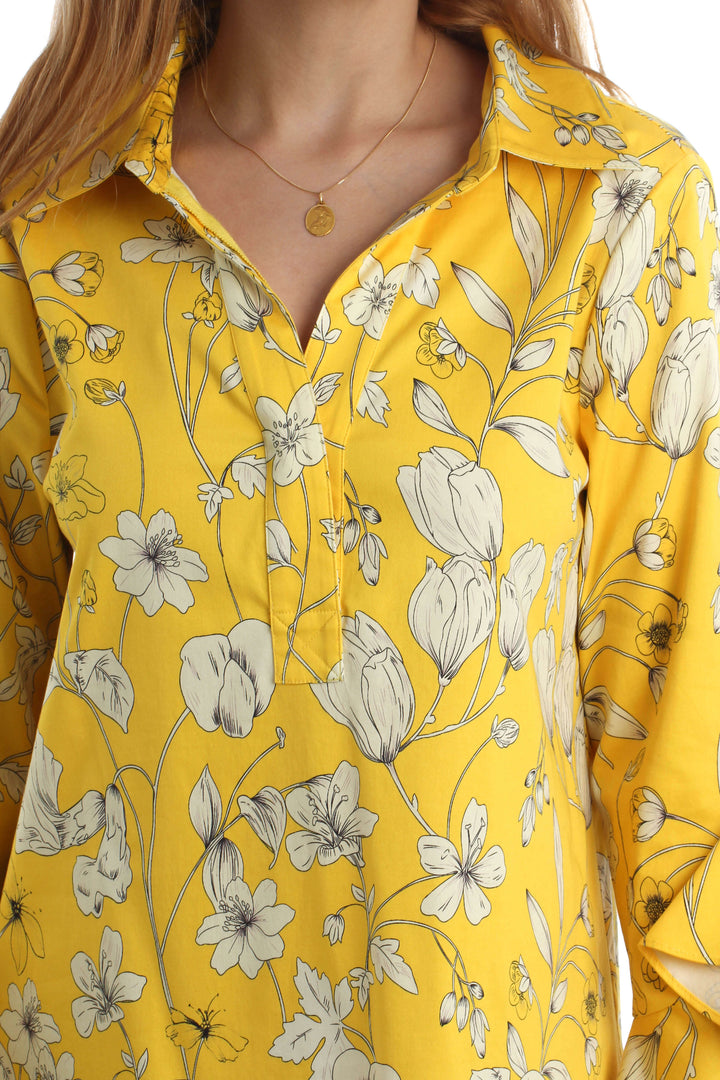 Vestido Badgley Mischka amarillo, vista lateral – ClosetRehab