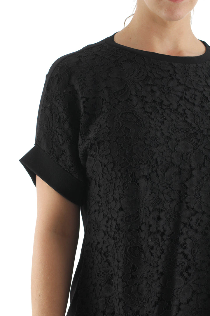Blusa negra de encaje Carolina Herrera con manga corta, vista lateral – ClosetRehab