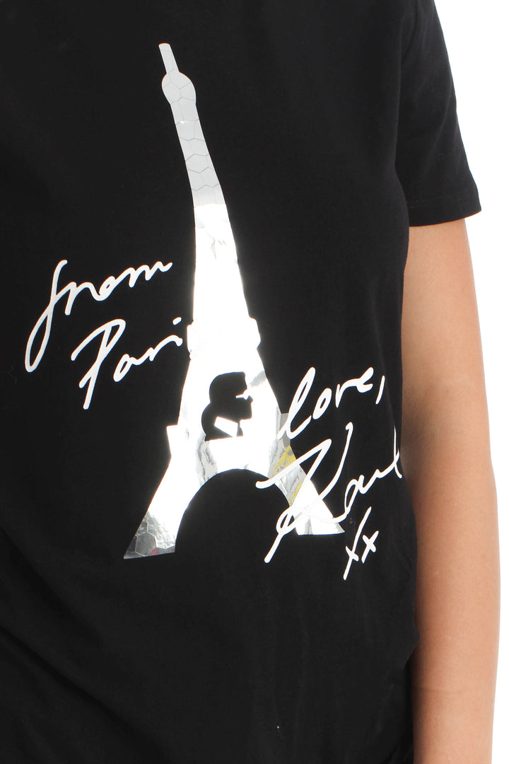 Blusa Karl Lagerfeld negra con estampado de la Torre Eiffel, detalle de la espalda