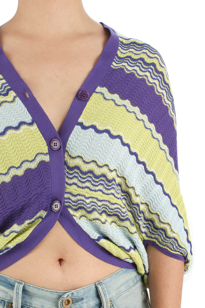 Blusa BCBG Maxazria morado y verde, vista lateral – ClosetRehab