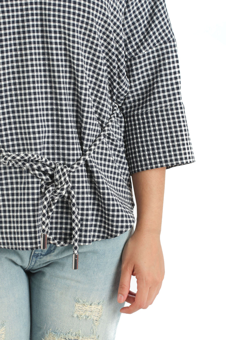 Blusa Adolfo Dominguez azul y estampado, vista lateral – ClosetRehab