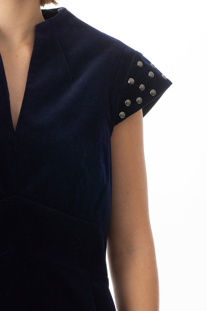 Vestido Antonio Melani azul y morado, detalle – ClosetRehab