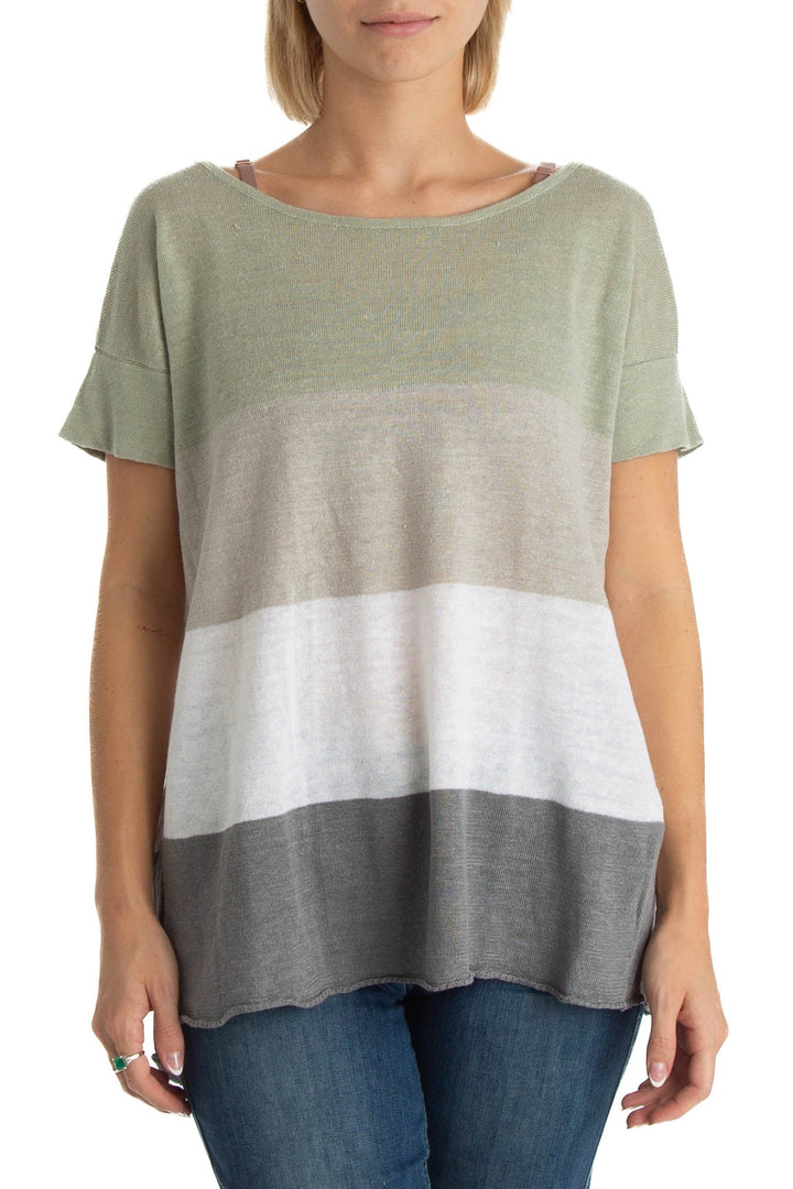 Blusa Ambrosi de punto con franjas verde, gris y blanco, vista frontal
