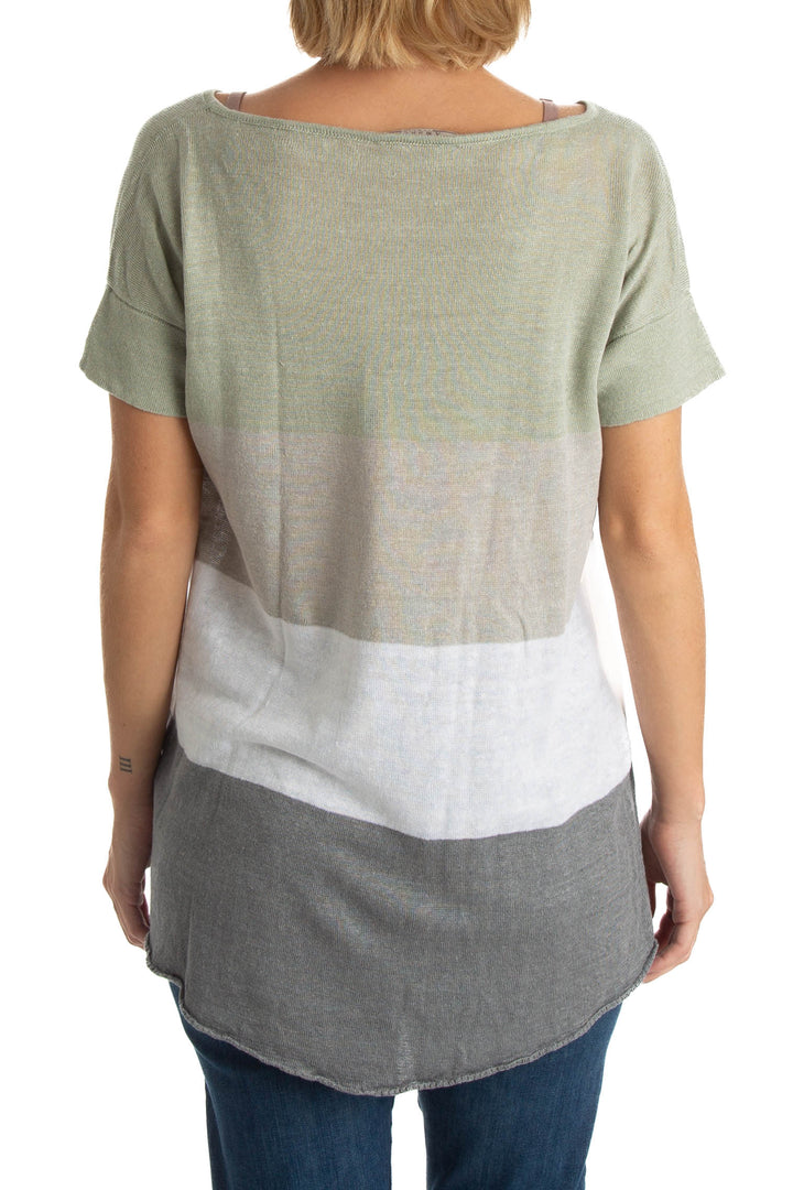 Blusa Ambrosi de punto con franjas verde, gris y blanco, vista posterior