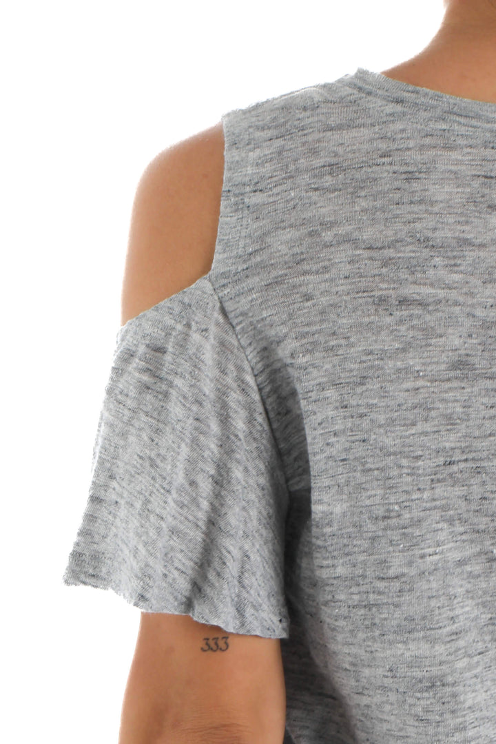 Blusa Rebecca Taylor gris jaspeado con hombros descubiertos, detalle de la manga