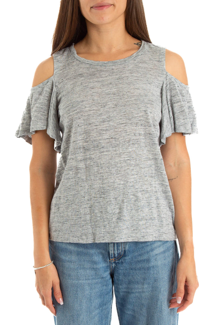 Blusa Rebecca Taylor gris jaspeado con hombros descubiertos, vista frontal